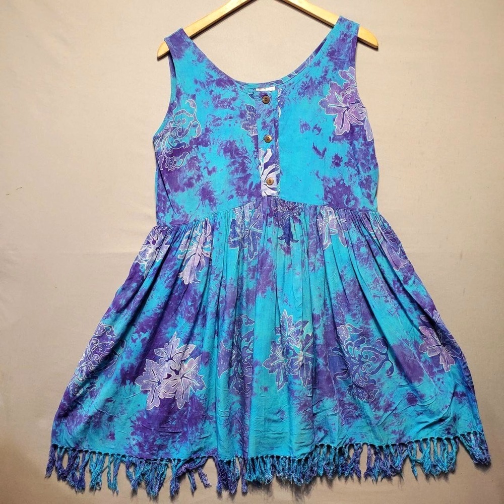 VTG 90s Bali Batiks Dress Womens Small Blue Purple Batik Fringe‎ Festival Beach